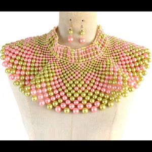 Pink and Green Pearl necklace with matching earrings.